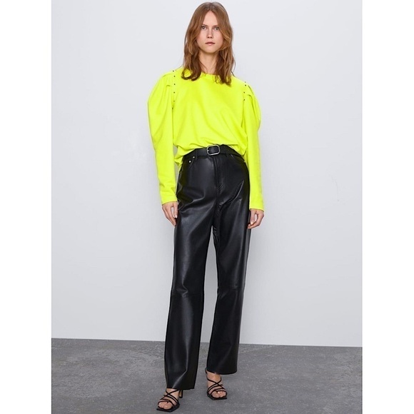 NWT ZARA 80s 90s Neon Long Puffed Sleeve Studded Shoulder Pullover Sweater S - Picture 3 of 7